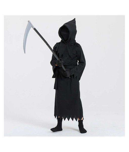 Kids Children Black Robe Hooded Grim Reaper Fullset Halloween Costume