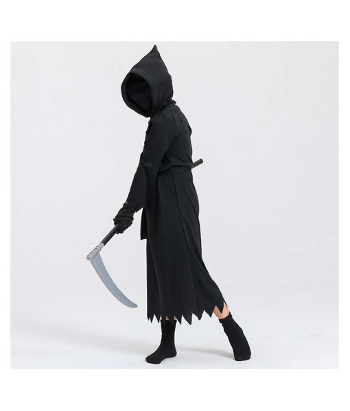 Kids Children Black Robe Hooded Grim Reaper Fullset Halloween Costume