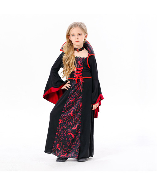 Kids Vampire Dark Red Long Dress Baroness Girl Halloween Costume