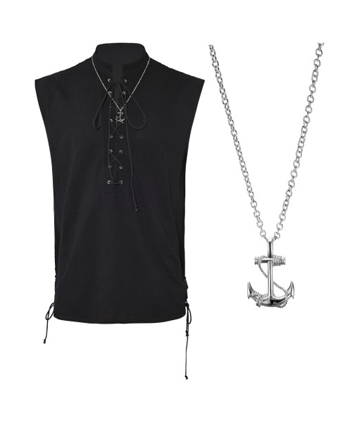 Men Medieval Renaissance Black Sleeveless Shirt Necklace 2Pcs Set Pirate Halloween Costume