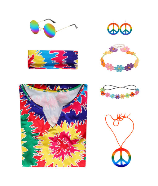 1970s Hippie Colorful Printed Dress 7Pcs Women Halloween Costume