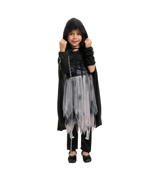 Kids Grim Reaper Black Mesh Dress Girl Halloween Costume