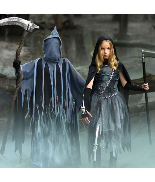 Kids Grim Reaper Black Mesh Dress Girl Halloween Costume