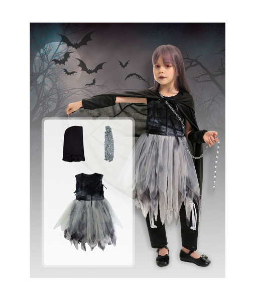 Kids Grim Reaper Black Mesh Dress Girl Halloween Costume