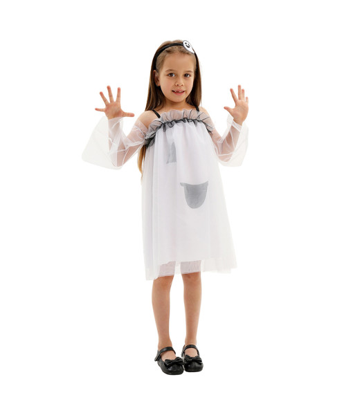 Kids Children Spooky Ghost Girl Mesh Long Dress Trumpet Sleeves Princess Halloween Costume