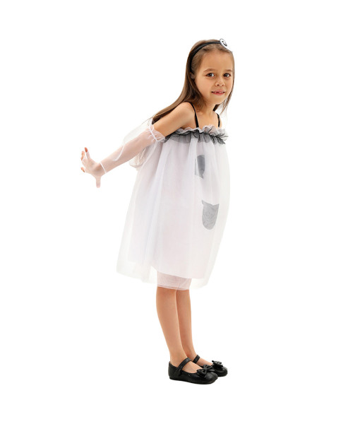Kids Children Spooky Ghost Girl Mesh Long Dress Trumpet Sleeves Princess Halloween Costume