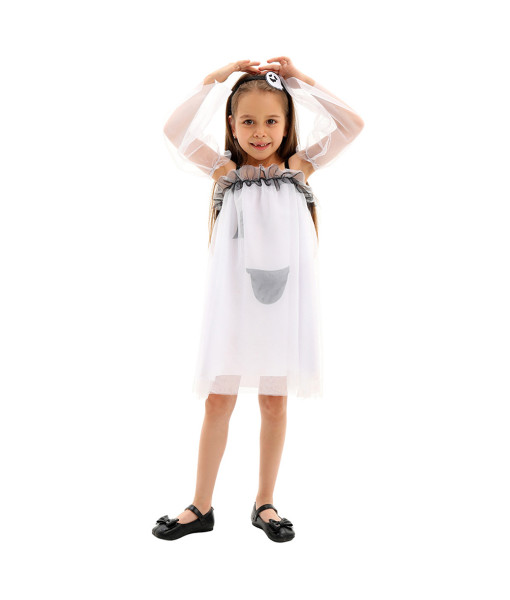 Kids Children Spooky Ghost Girl Mesh Long Dress Trumpet Sleeves Princess Halloween Costume