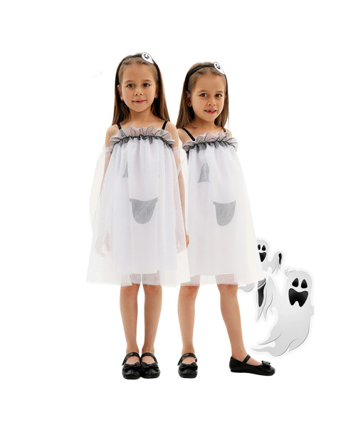 Kids Children Spooky Ghost Girl Mesh Long Dress Trumpet Sleeves Princess Halloween Costume