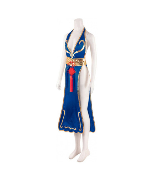 Women Chinese Blue Cheongsam Gold Trim Open Back Sexy Lingerie Halloween Costume