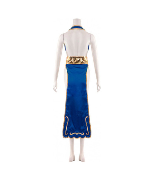 Women Chinese Blue Cheongsam Gold Trim Open Back Sexy Lingerie Halloween Costume