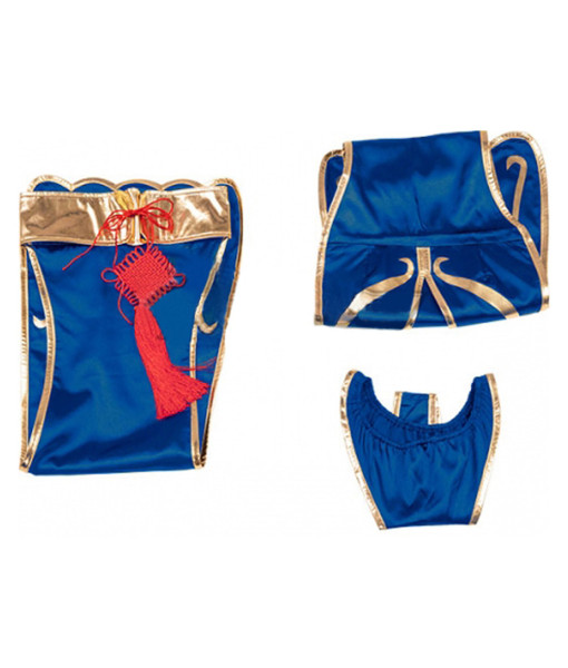 Women Chinese Blue Cheongsam Gold Trim Open Back Sexy Lingerie Halloween Costume