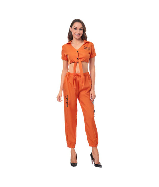 Women Sexy Prison Uniform Top Pants 2Pcs Prisoners Halloween Costume