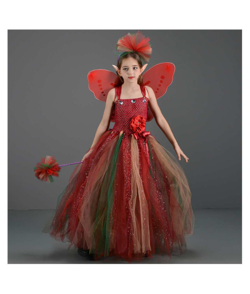 Kids Children Girl Red Mesh Tutu Skirt Fairy Fanatasy Cosplay Halloween Stage Costume 