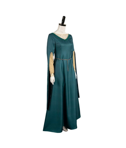 Women Medieval Fantasy Golden Lining Green Noble Dress Long Sleeve Halloween Costume