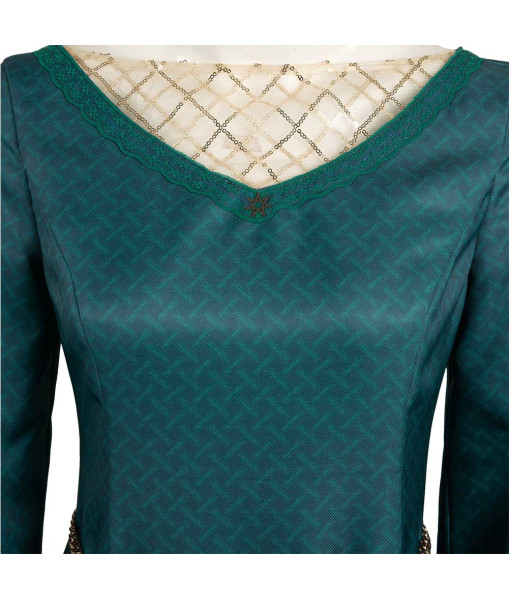 Women Medieval Fantasy Golden Lining Green Noble Dress Long Sleeve Halloween Costume
