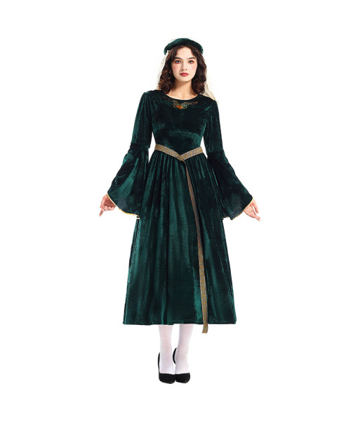Women Medieval Green Velvet Long Sleeve Dress Maid Cosplay Halloween Costume