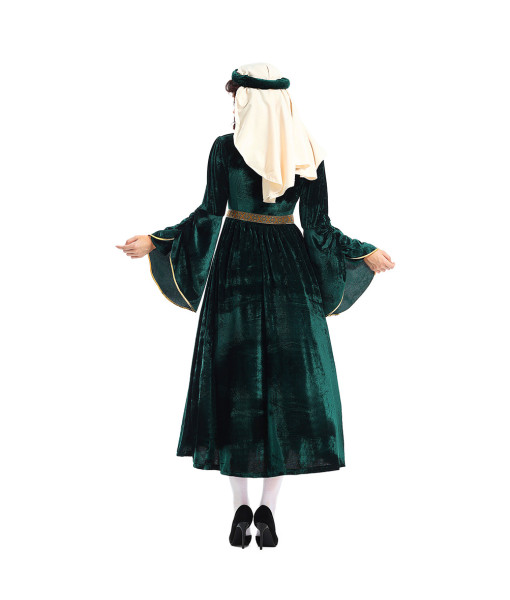 Women Medieval Green Velvet Long Sleeve Dress Maid Cosplay Halloween Costume