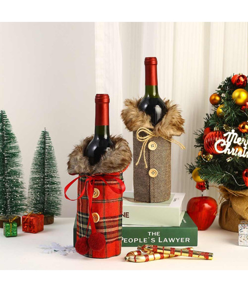 Chirstmas Funny Wine Bottle Holder Fur Collar 2 Pcs Set Chirstmas Decoration
