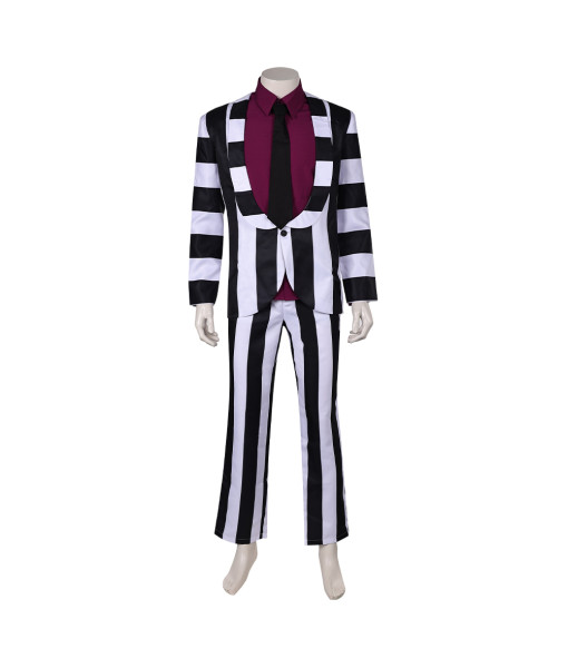 Men Black White Gothic Strip Suit Red Lining Fullset Halloween Costume