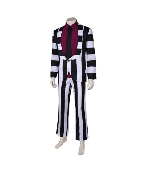 Men Black White Gothic Strip Suit Red Lining Fullset Halloween Costume