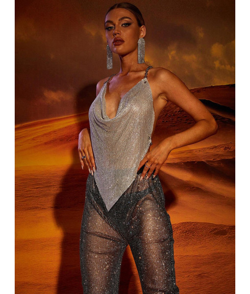 Women Hottie Sexy Metal Rhinestone Tank Top Diamond Cut Music Festival Costume
