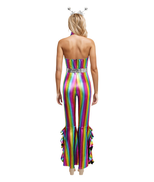 1980s Rainbow Strip Flare Jumpsuit Fullset Women Halloween Costume