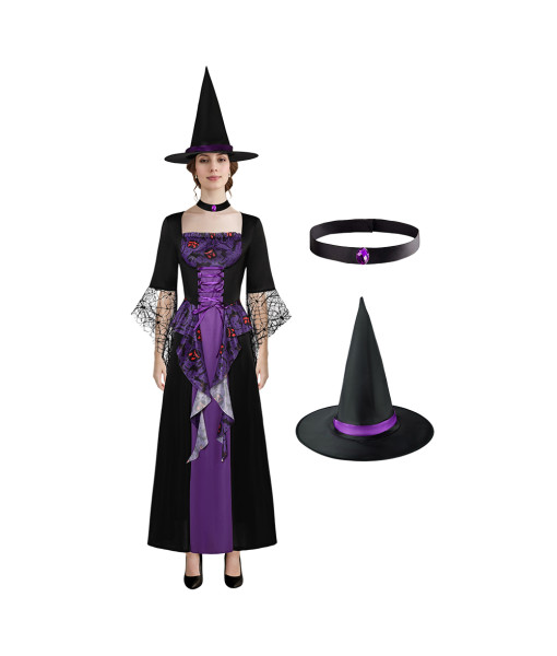Women Purple Dress Web Sleeves Luxury Witch Role Play Fullset Halloween Costume
