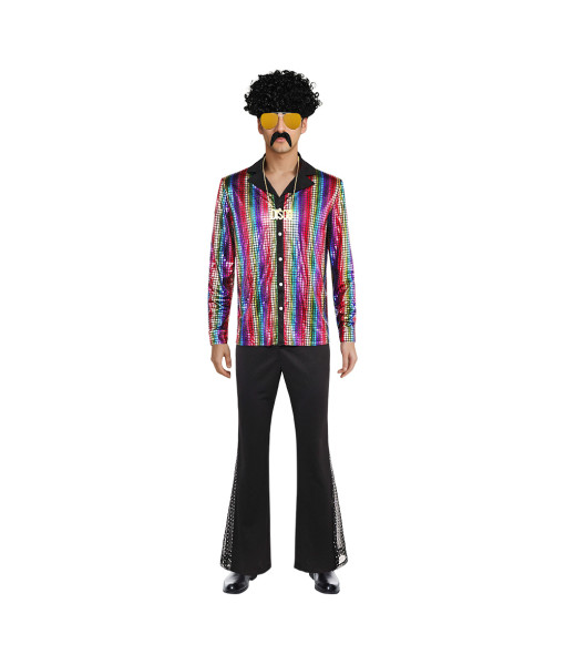 Men 70s Disco Style Shirt Flared Pants 6Pcs Color Set Halloween Costume