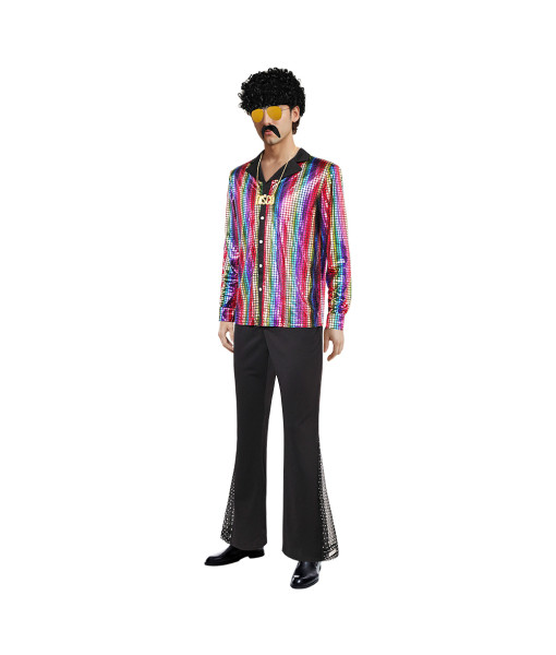 Men 70s Disco Style Shirt Flared Pants 6Pcs Color Set Halloween Costume
