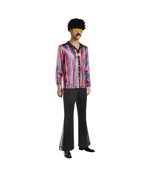 Men 70s Disco Style Shirt Flared Pants 6Pcs Color Set Halloween Costume