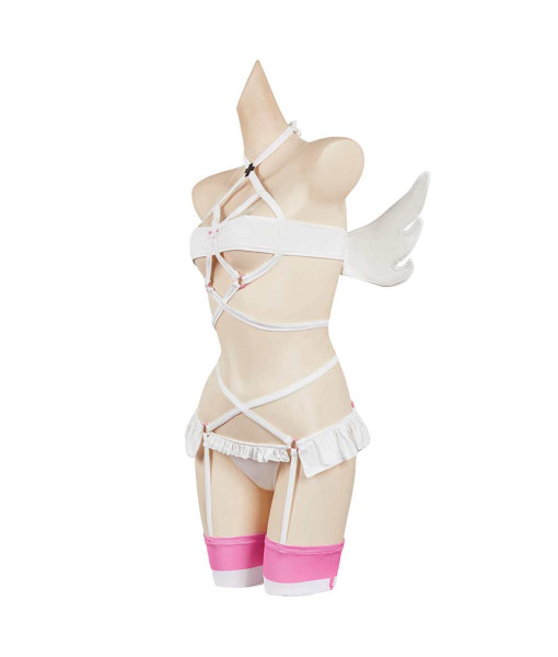 Women White Leather Sexy Angel Strip Lingerie With Wings Halloween Costume