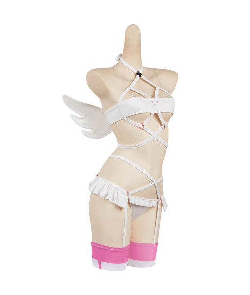 Women White Leather Sexy Angel Strip Lingerie With Wings Halloween Costume