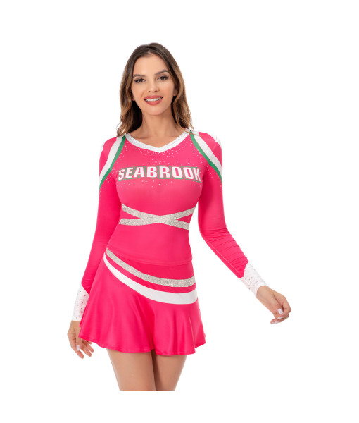 Women Pink Tight Fit Sportwear Cheerleaders Dress Halloween Stage Costume