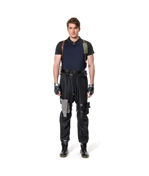 Men Black Tactical Suit Tight Top with Leather Strap Gun Pouch Halloween Costume