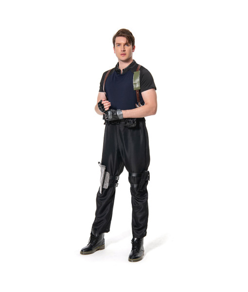 Men Black Tactical Suit Tight Top with Leather Strap Gun Pouch Halloween Costume
