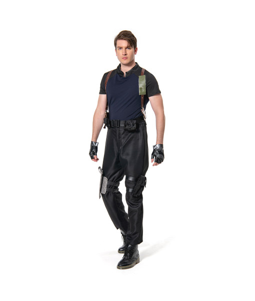Men Black Tactical Suit Tight Top with Leather Strap Gun Pouch Halloween Costume