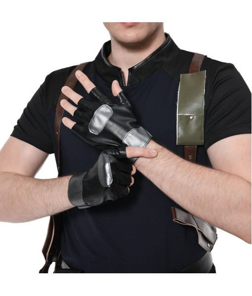 Men Black Tactical Suit Tight Top with Leather Strap Gun Pouch Halloween Costume