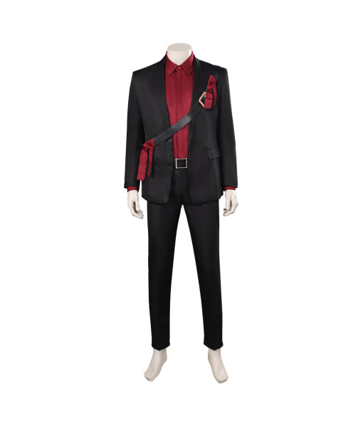 Men Black Suit Red Linin with Leather Stirp Uniform Outfit