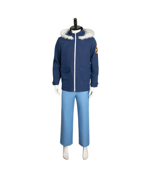 Men Blue Jacket White Fur Collar Pants 2Pcs Outfit