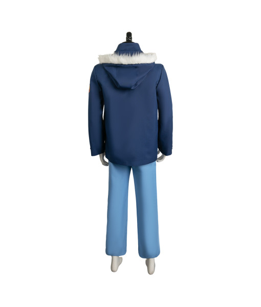 Men Blue Jacket White Fur Collar Pants 2Pcs Outfit