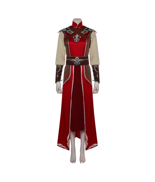 Women Medieval Fantasy Red Long Robe Outfit Warlock Fullset Halloween Costume