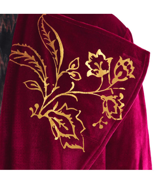 Men Dark Red Golden Trim Luxury Coat Suit Fullset Outfit Royal Style Halloween Costume