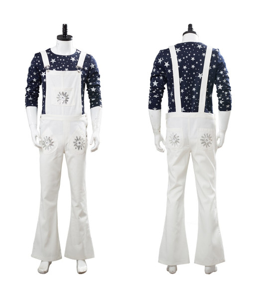 Men 80s Star Printed Shirt White Overalls Musical Role Play Rockstar Halloween Costume