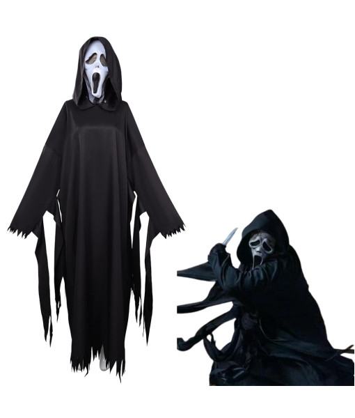 Men Black Cloak Mask Grim Killer Outfits Horror Halloween Costume