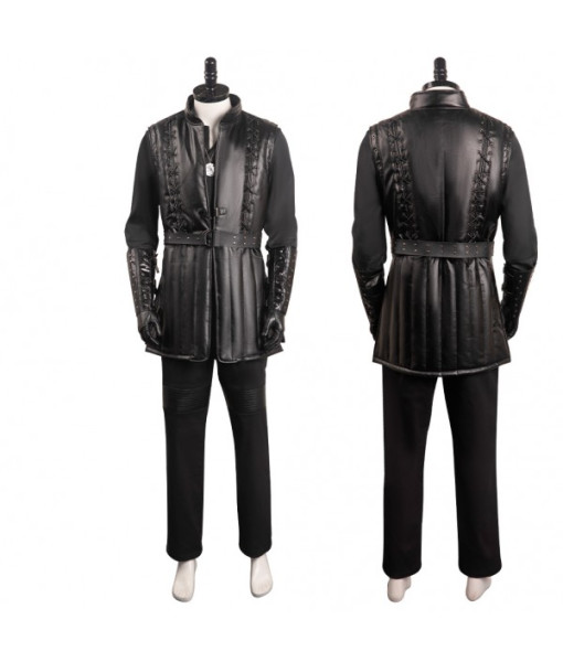 Men Medieval Black Linen Shirt Pants Leather Outfit Fullset Halloween Costume