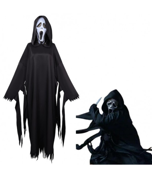 Men Black Cloak Mask Grim Killer Outfits Horror Halloween Costume