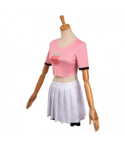 Women Pink Stawberry T-Shirt White Skirt Outfit Sportwear Casual Outfit