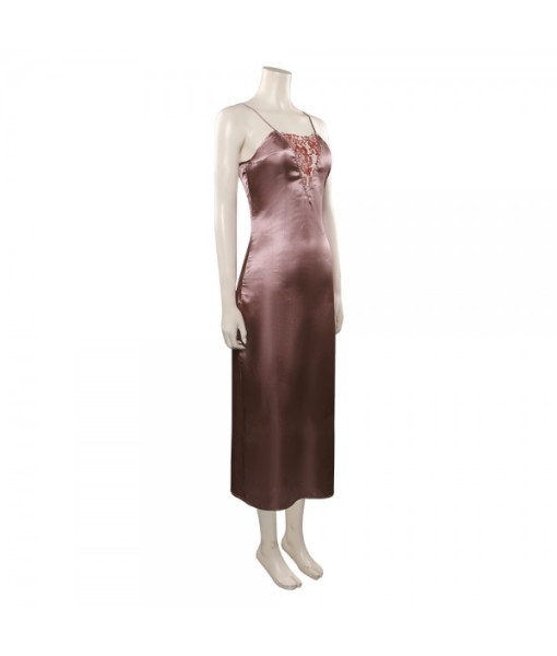 Women Dark Nude Color Silk Nightdress Hollow Design Sexy Lingerie