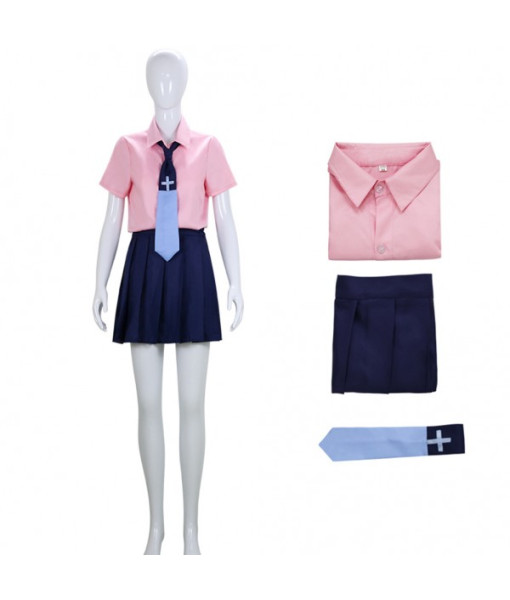 Women Pink Shirt Blue Tie School Uniform Jk Uniform Halloween Costume