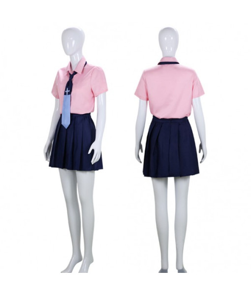 Women Pink Shirt Blue Tie School Uniform Jk Uniform Halloween Costume